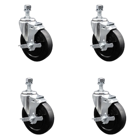 Service Caster 5 Inch SS Soft Rubber Wheel Swivel 3/8 Inch Threaded Stem Caster Set Brake SCC SCC-SSTS20S514-SRS-TLB-381615-4